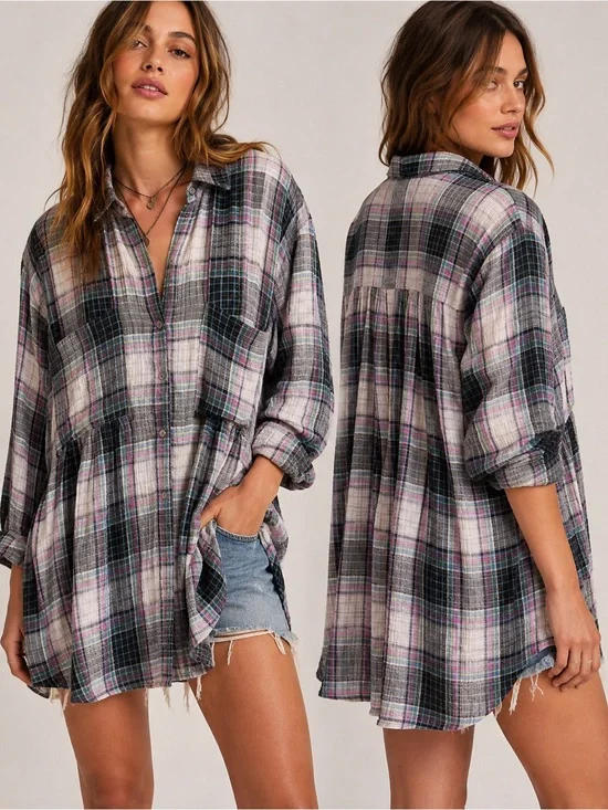 Free People Plaid Crinkle Gauze Babydoll Tunic Shirt XS NWT MSRP $108
