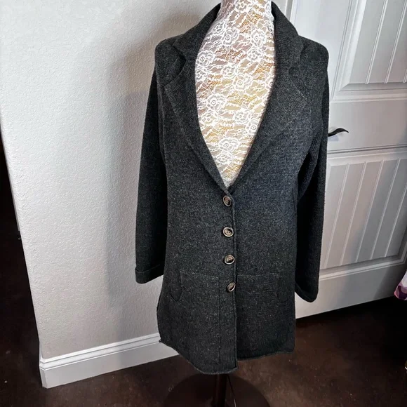 Women's Charcoal Gray Blazer‎ Long Line Cardigan  Wool Sweater
