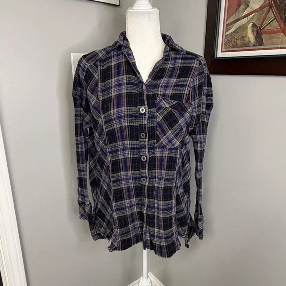 Free People Purple Plaid Grommet Detail Frayed Hem Cotton Shirt Small