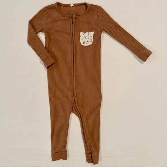 Baby Mori Ribbed Pajamas Boys 12-18M Girls Brown Romper Hedgehog Pocket Full Zip