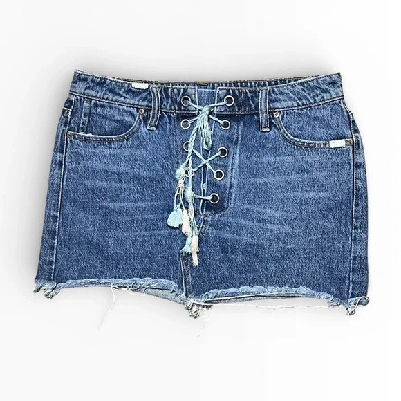 Free People Lace Up Denim‎ Micro Mini Skirt Blue Distressed Raw Hem Size 28 Boho