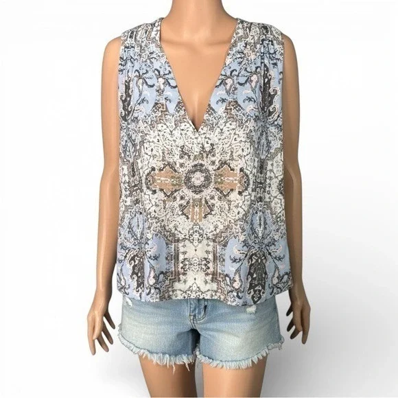 Free People Medallion Print V-Neck Sleeveless Blouse Blue Small