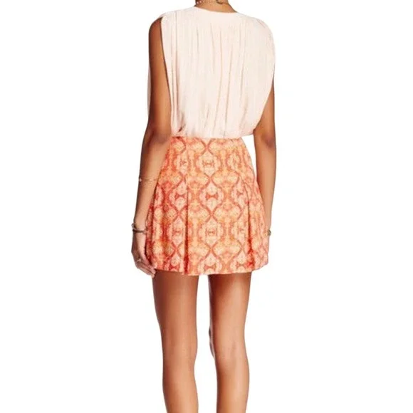 Free People Casual Lover's Lane Printed Mini Skirt Orange Yellow Button‎ Sz 12