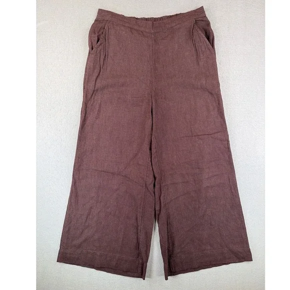 Free People Brown Linen Blend Wide Leg Crop Pants Elastic Waist Boho Women Small