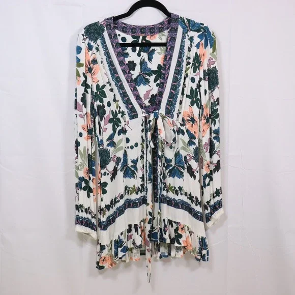 Free People Tunic 4‎ Multicolor Womens Floral Tie Front Boho Top