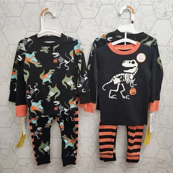 Nwt Boy's Halloween Dinosaur T Rex Skeleton Cotton Pajamas Sets.