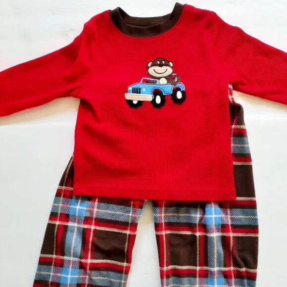 Carter's Boys Pajamas Monkey 2 Piece Set Red Plaid Long Sleeve Pants 2T