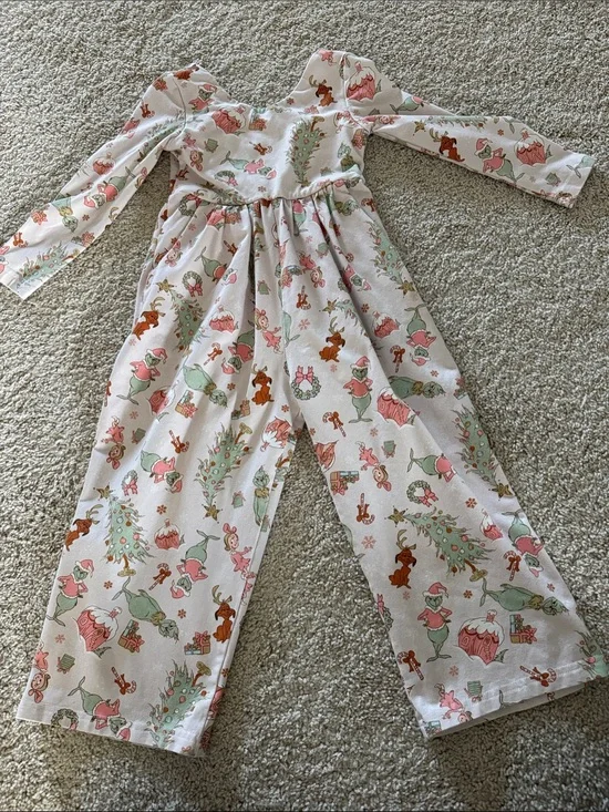Girls Long-Sleeve Pink & Green Holiday Pajama Jumpsuit “The Grinch themed”