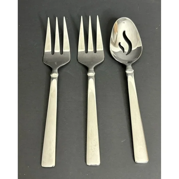 Oneida Attalia 2 Meat Serving Forks and 1 Slotted Spoon Stainless Flatware