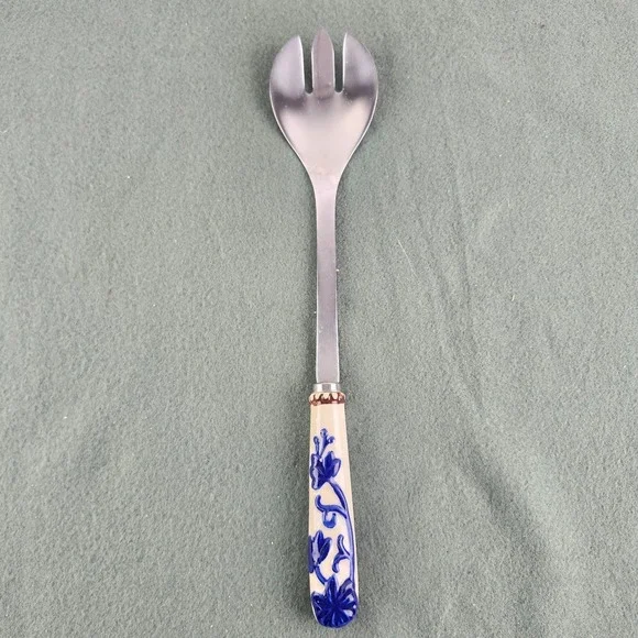 Temptations Old World Stainless Steel Salad‎ Serving Fork Floral Lace Blue