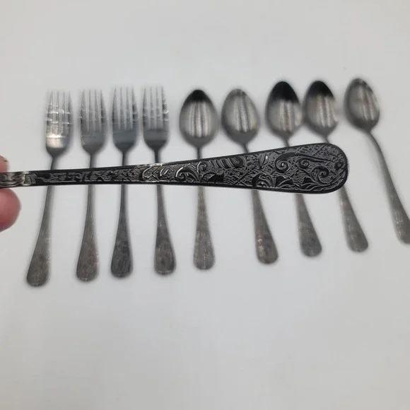 10pc Black Stainless Steel Flatware Set Embossed Floral Scroll Gothic Silverware