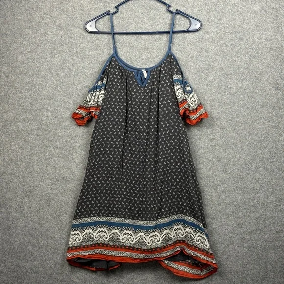 Free‎ People Black White Red Boho Cold Shoulder Mini Dress Size S