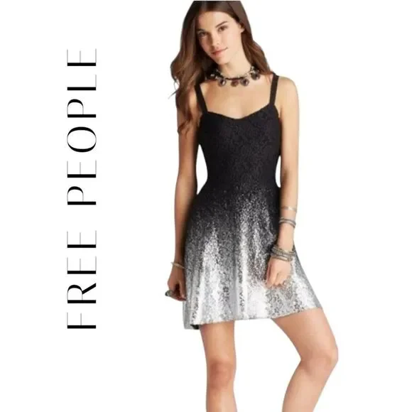 Free people mini dress black lace‎ Ombré silver Foil metallic xs