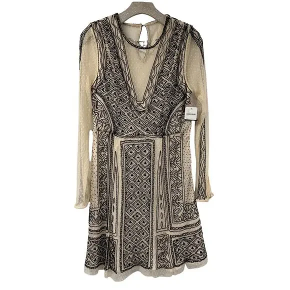 FreePeople Valentina Beaded Party Dress 12 Long Sleeve Sheer Lined Intricate NWT