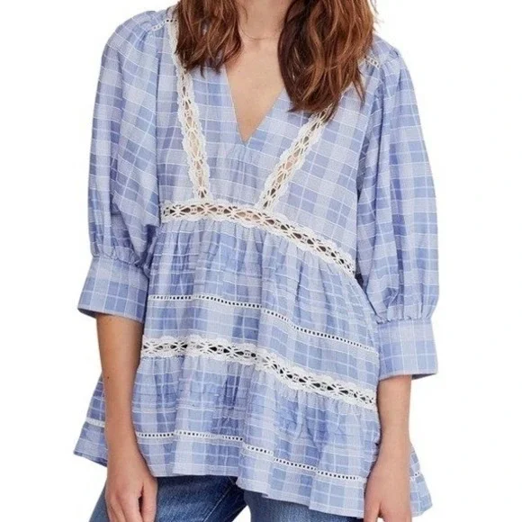 Free People Blue White Plaid Crochet Lace Tiered Babydoll‎ Tunic Top S/P Womens
