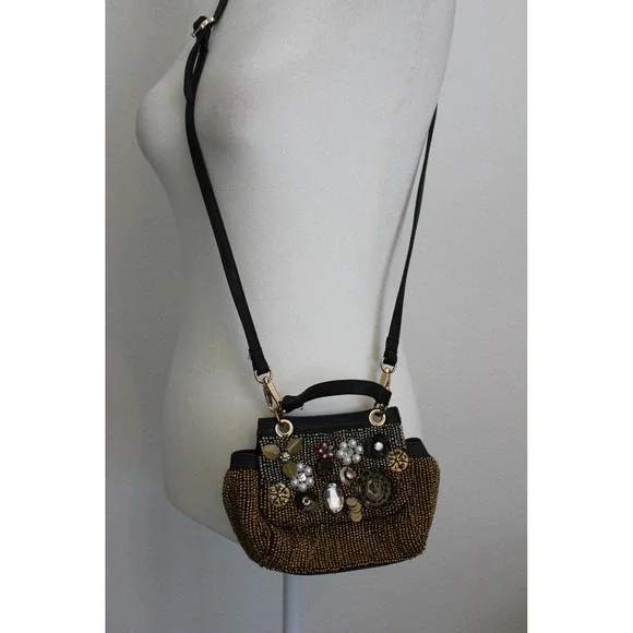 Free People Beaded Embellished Crossbody Bag Black Gold Pearl Crystal Boho Small