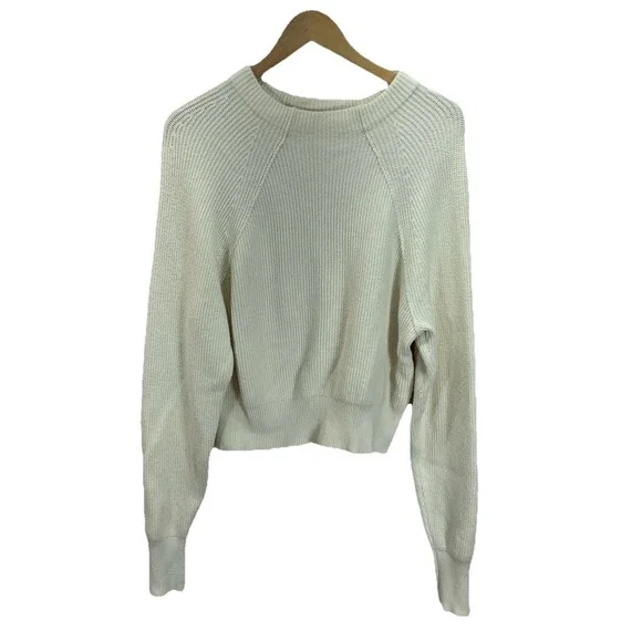 Free People S Cream Ribbed Knit Cropped Pullover Oversized Sweater Slouchy‎