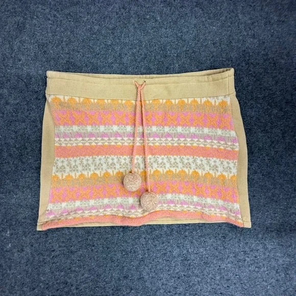 Free People Knit Mini Skirt M Fair Isle PomPom Drawstring Beige Pink Boho Winter