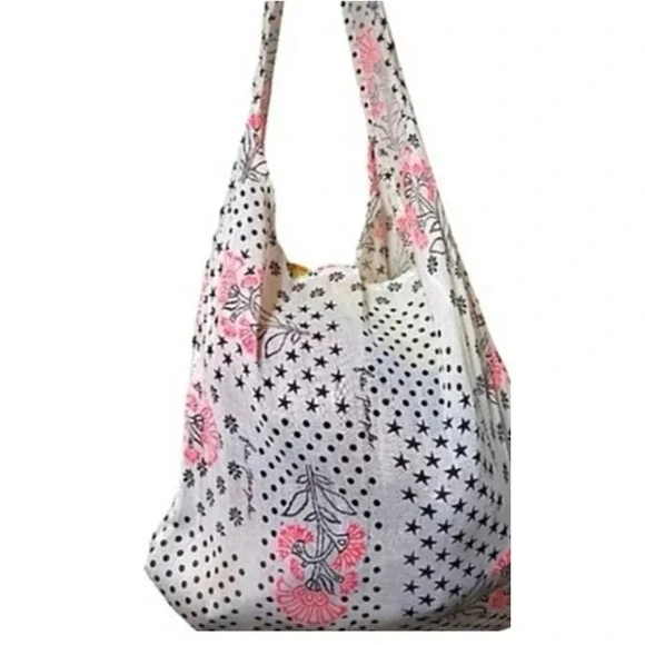 Free People Pink Floral Star Gauze Tote‎ Bag Boho Slouchy Everyday Market Hobo