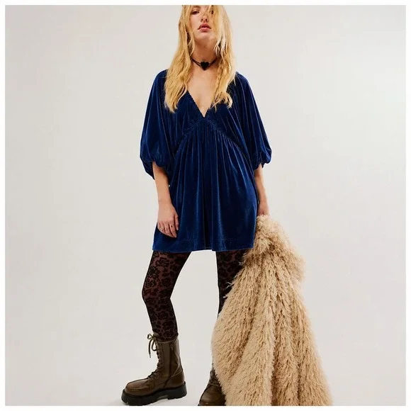 Free People Portia Velvet Mini Babydoll Dress Womens Size M Navy Blue Boho Chic