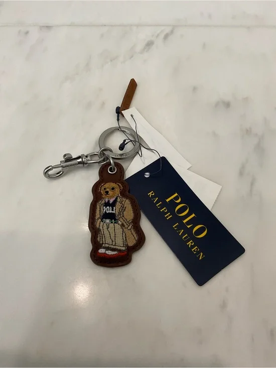 NEW Polo Ralph Lauren COLLEGIATE BEAR - LEATHER Key Ring Keychain - BROWN