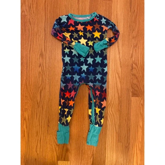 Little Sleepies Rainbow Stars Lunaluxe Bamboo Zippy Romper 6-12 Months Navy Teal