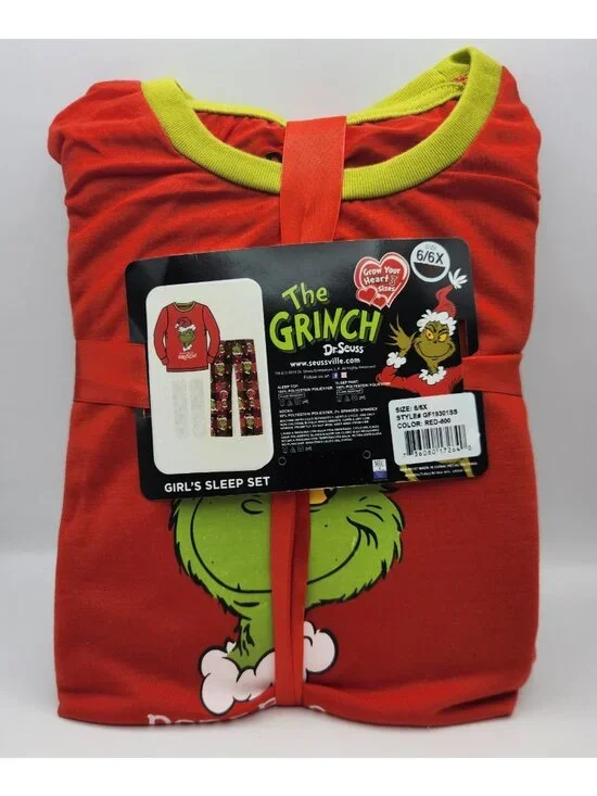 The Grinch Dr Seuss Crew Neck LS Red Black Pajamas PJ Loungewear Youth 6 /6X NEW