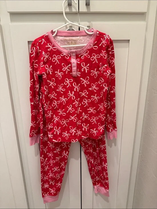 The Beaufort Bonnet Company Red Bow Print Long-Sleeve Pajama Set with Pink Trim