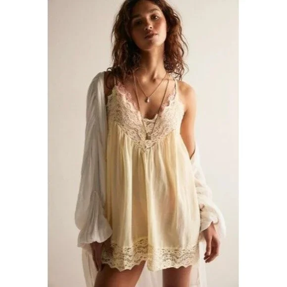 Intimately Free People Fiona Mini Slip Dress Billowy Sleeveless Lace M 289683
