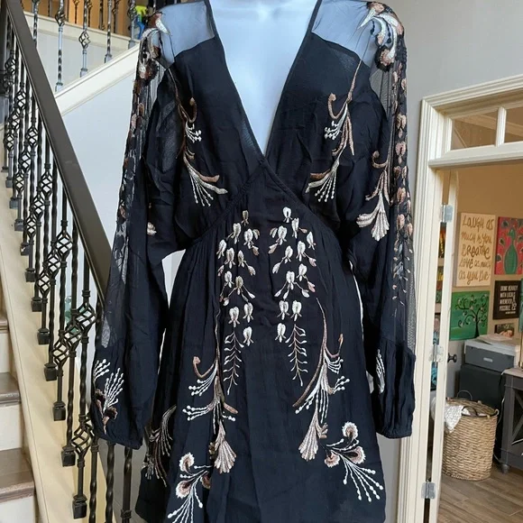 Free People Bonjour Embroidered Mini Dress