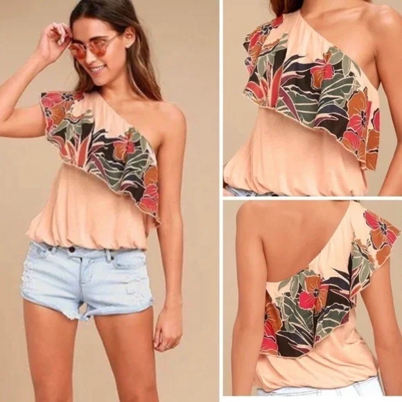 Free People Annka Ruffle One‎ Shoulder Peach Linen Blend Top Size Small Women