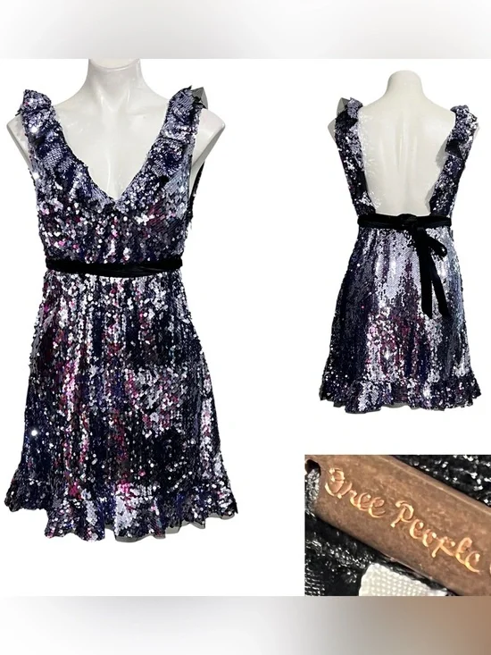 Free People Sequin Siren Mini Dress Sz 6 purple cocktail party date night