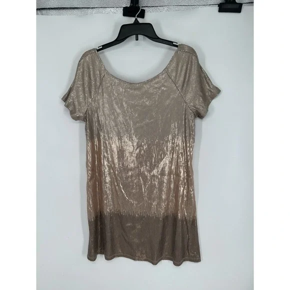 Free‎ People Top Women S  Golden Satin Sequin Embellished Short Sleeve Draped
