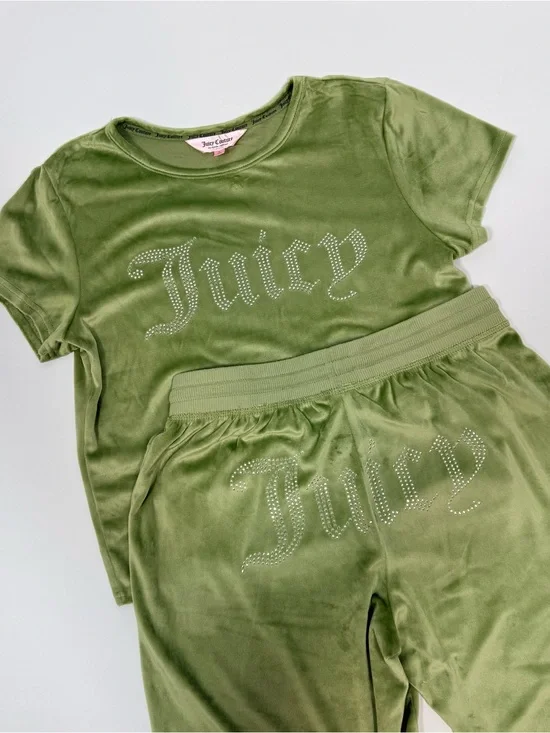 Juicy Couture Olive Green Velour Two-Piece Pajama Set with Crystal Logo