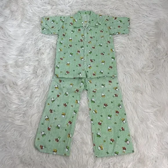 Hello Kitty Girls Vintage Sanrio Green & White Linen Pinstriped Pj Set Size 4