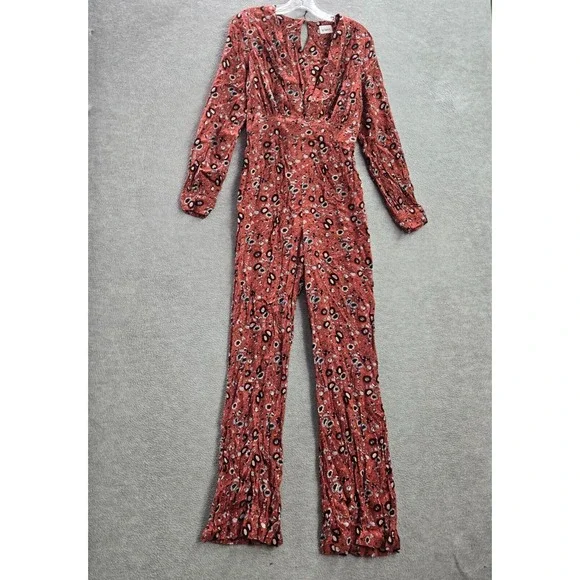 Free People Women Jumpsuit XS Orange Floral Some Like‎ It Hot Long Sleeve V Neck