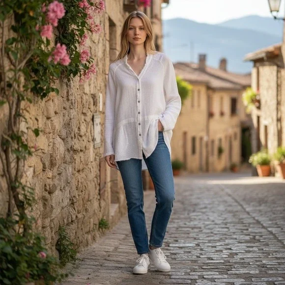 We The Free Button Down Top Womens XS White Gauze Oversized Long Sleeve