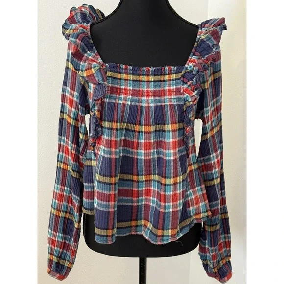 We The Free People Plaid‎ Smocked Ruffle Blouse Multicolor XS