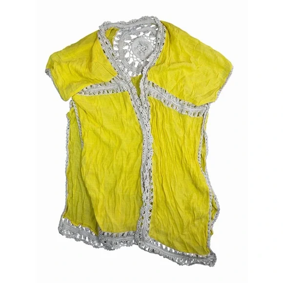 Free People Yellow Crochet Trim Open Front Kimono Cardigan Boho Cover Up OS
