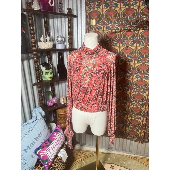 Free People Floral‎ Print Mock Neck Long Sleeve Top Blouse Keyhole Back