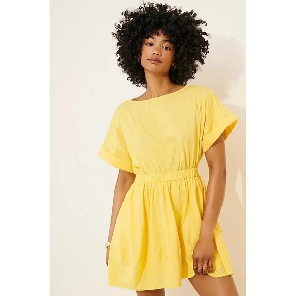 Free People Fulltime Fun Yellow Cotton Elastic‎ Waist Short Sleeve Dress Size L