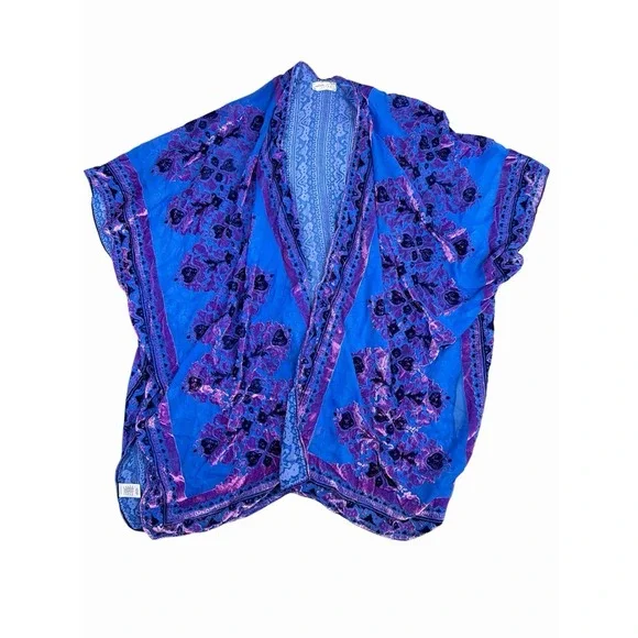 Free People All Tied Up Blue Purple Burnout Velvet Kimono Open Front One Size