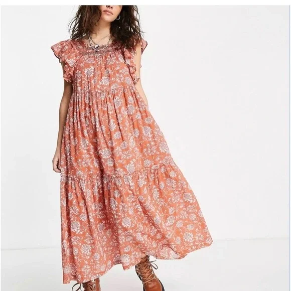 Free People Bonita Tiered Midi Dress Size Small Terracotta Floral 100%‎ Cotton