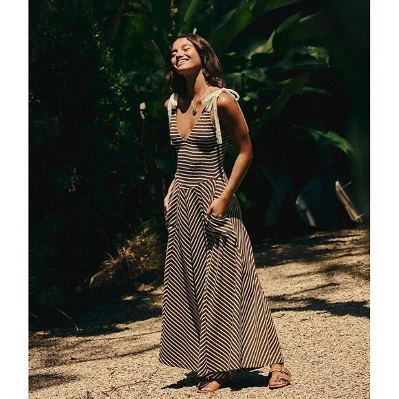 Free People Free-Est Cecelia Midi Dress Striped Printed Smocked Cotton L 286347