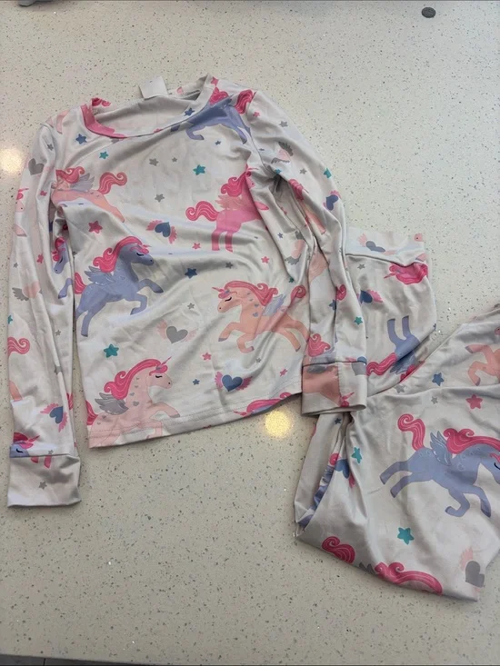 SHEIN Girls Unicorn Print Long Sleeve Pajama Set - Pink, Purple, Blue