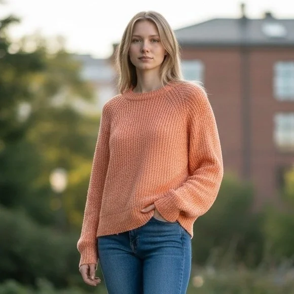 Free People Electric City Pullover Sweater Womens M Orange Knit Cotton Linen