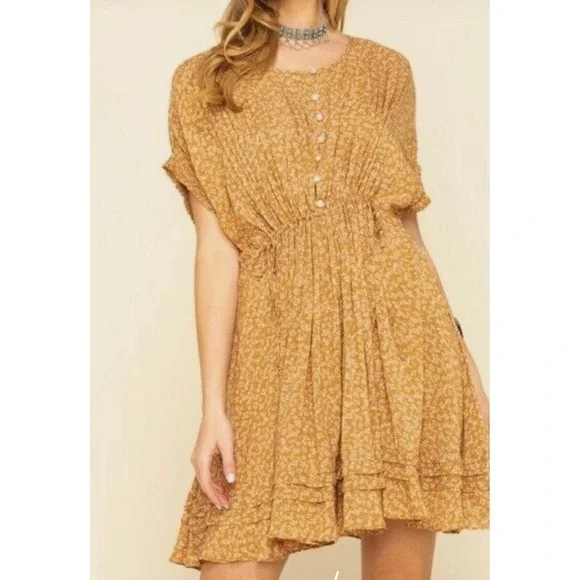 Free People One Fine Day Dress Womens XS Yellow Floral Pintuck Boho $128