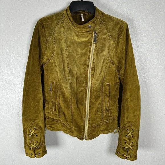 Free People Lacy Velvet Moto Jacket Womens Size‎ Small Green Gold Military