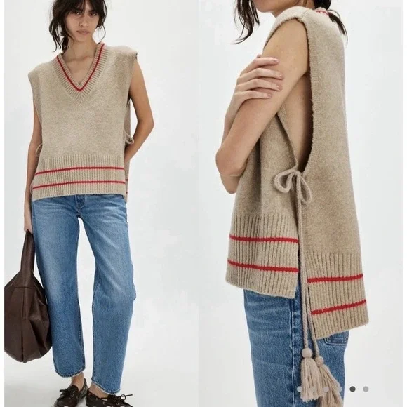 Free People All Star Stripe Poncho Sweater Tan/Red/Neutral OS One Size‎ Festival