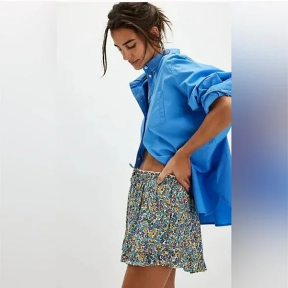 Free People Ellia Printed Floral Blue‎ Green Ruffle Skorts Shorts Size S - NEW
